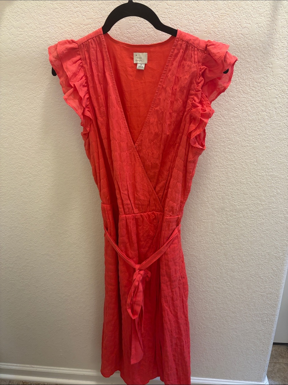 a new day Coral Wrap Midi Dress with Ruffle Sleeves